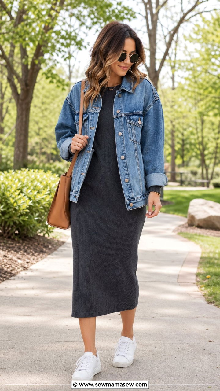 Denim Jacket With a Knit Dress and White Sneakers - 30 50 degree weather outfits