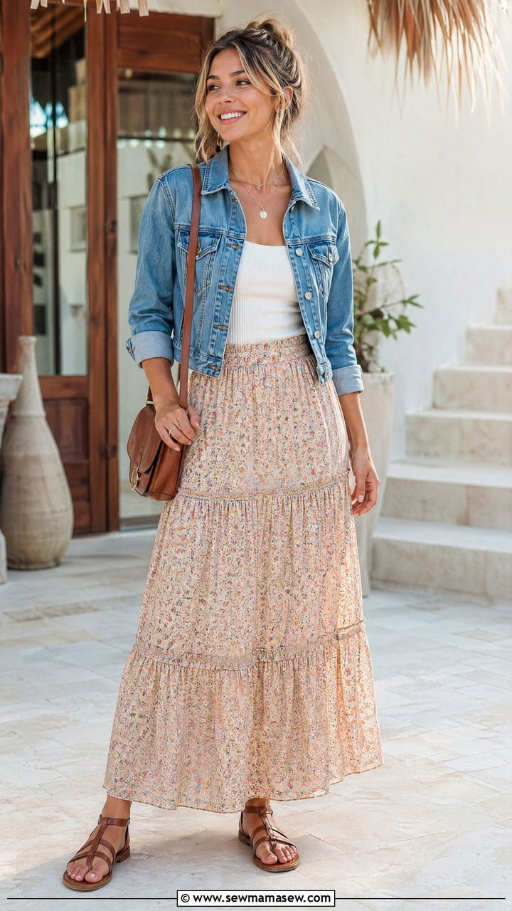 Denim Jacket With a Maxi Skirt and Tank - 35 Summer outfits with denim jacket