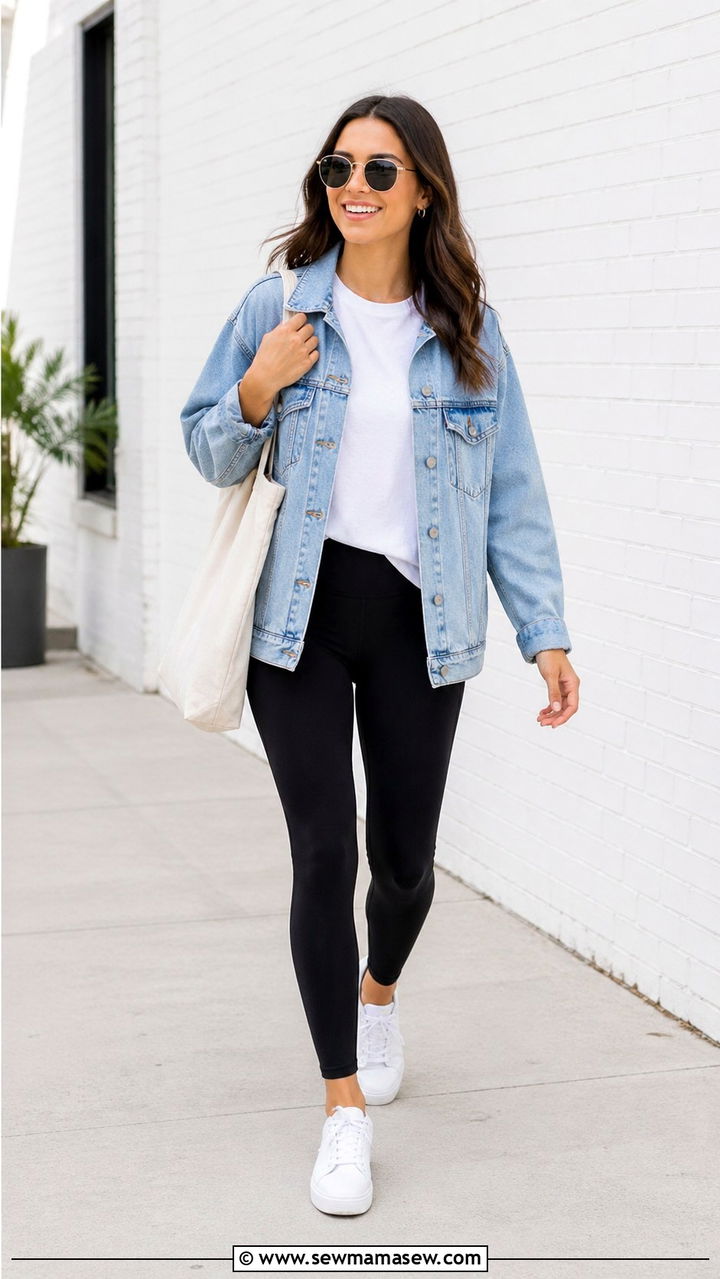 Denim Jacket With a White Tee and Leggings - 30 Sporty chic outfit ideas with sneakers