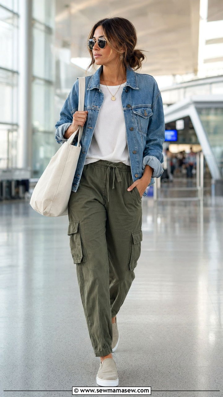 Denim Jacket and Cargo Pants Combo - 30 Airport outfit ideas for red eye flight