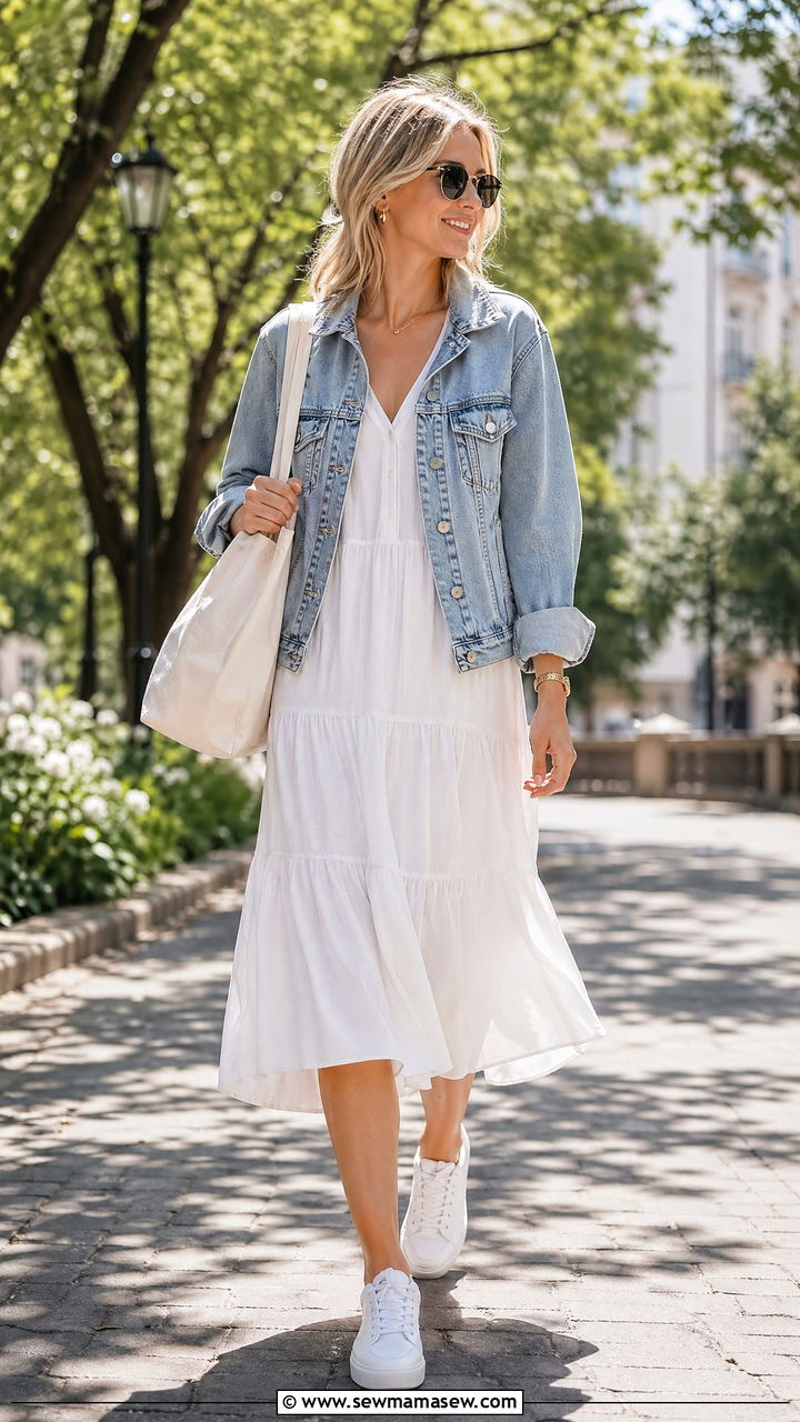Denim Jacket and Cotton Dress Scandi Summer Outfit - 35 summer scandinavian outfit ideas