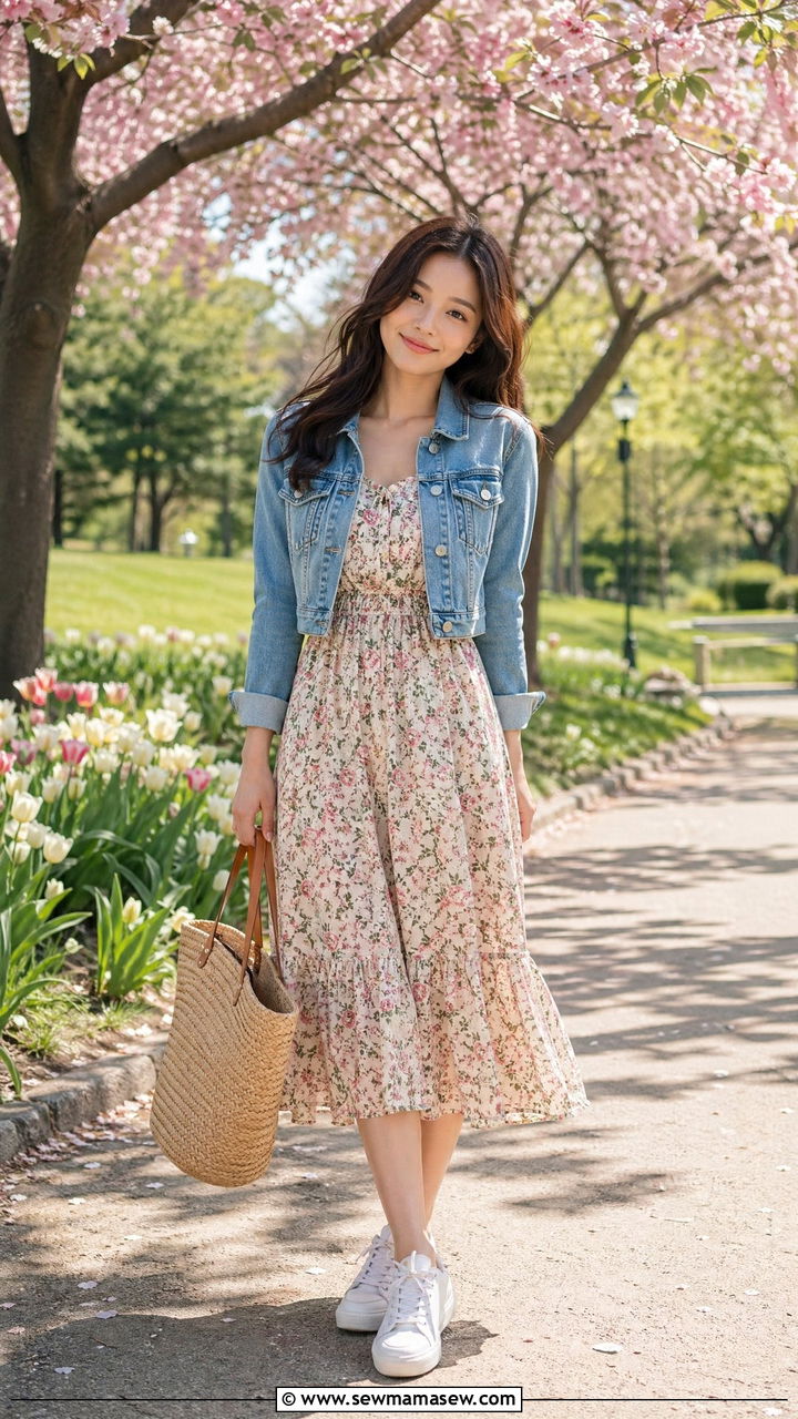 Denim Jacket and Floral Midi Dress - 35 Cute outfits for petite women