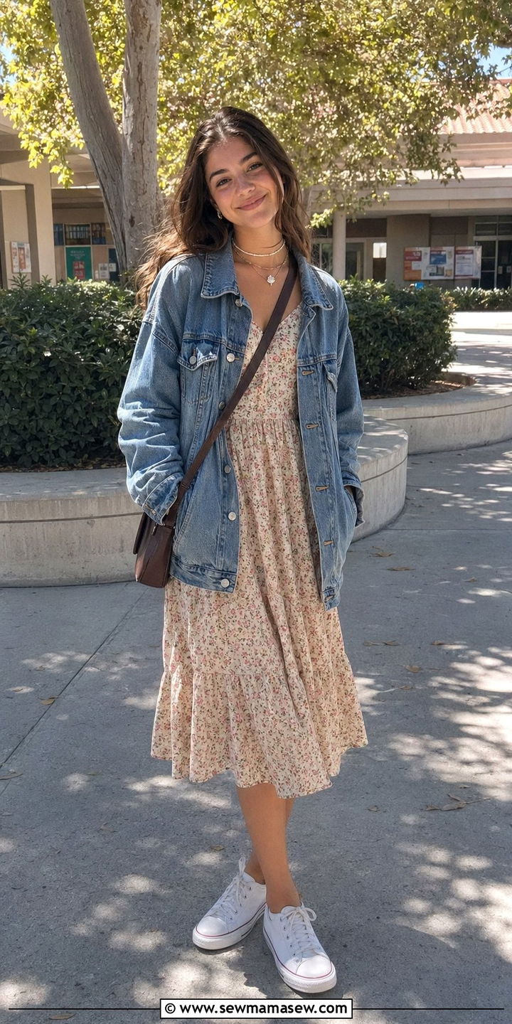 Denim Jacket and Floral Midi Dress Outfit - 30 back to school outfits aesthetic
