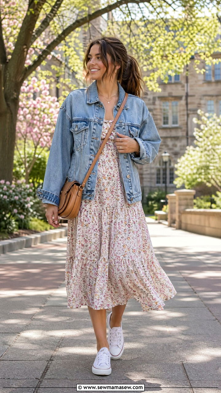 Denim Jacket and Floral Midi Dress Outfit - 35 Trendy outfits for college girls
