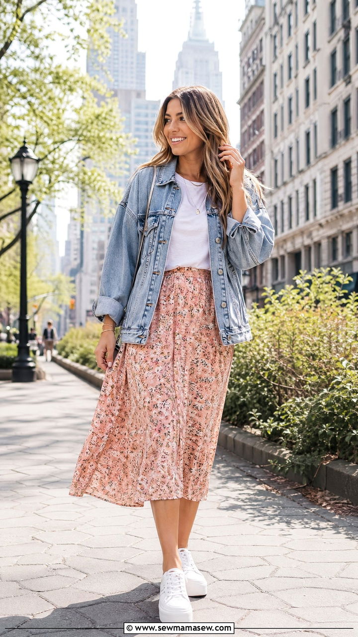 Denim Jacket and Floral Midi Skirt - 35 Classy spring outfits