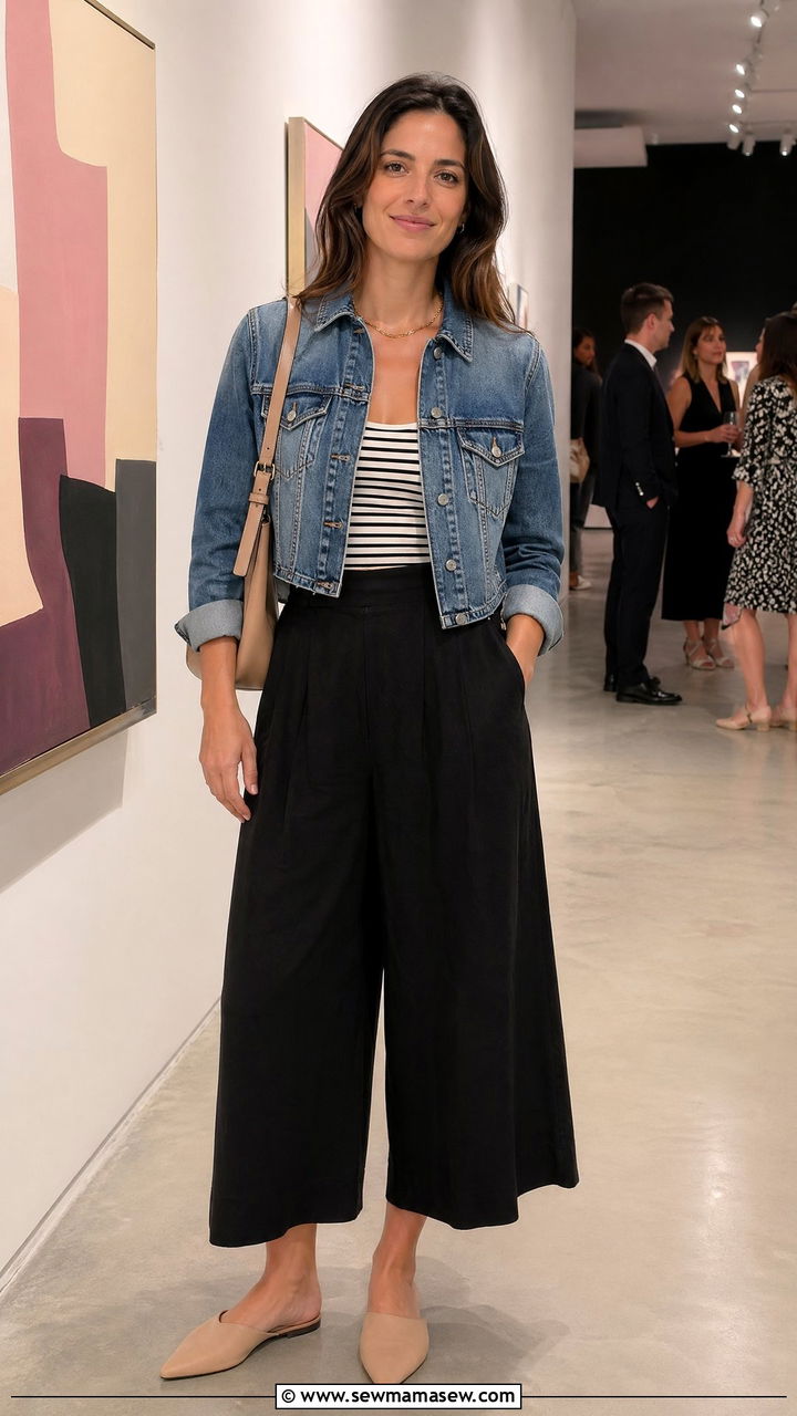 Denim Jacket and Flowy Culottes With Mules - 35 Summer outfits with denim jacket