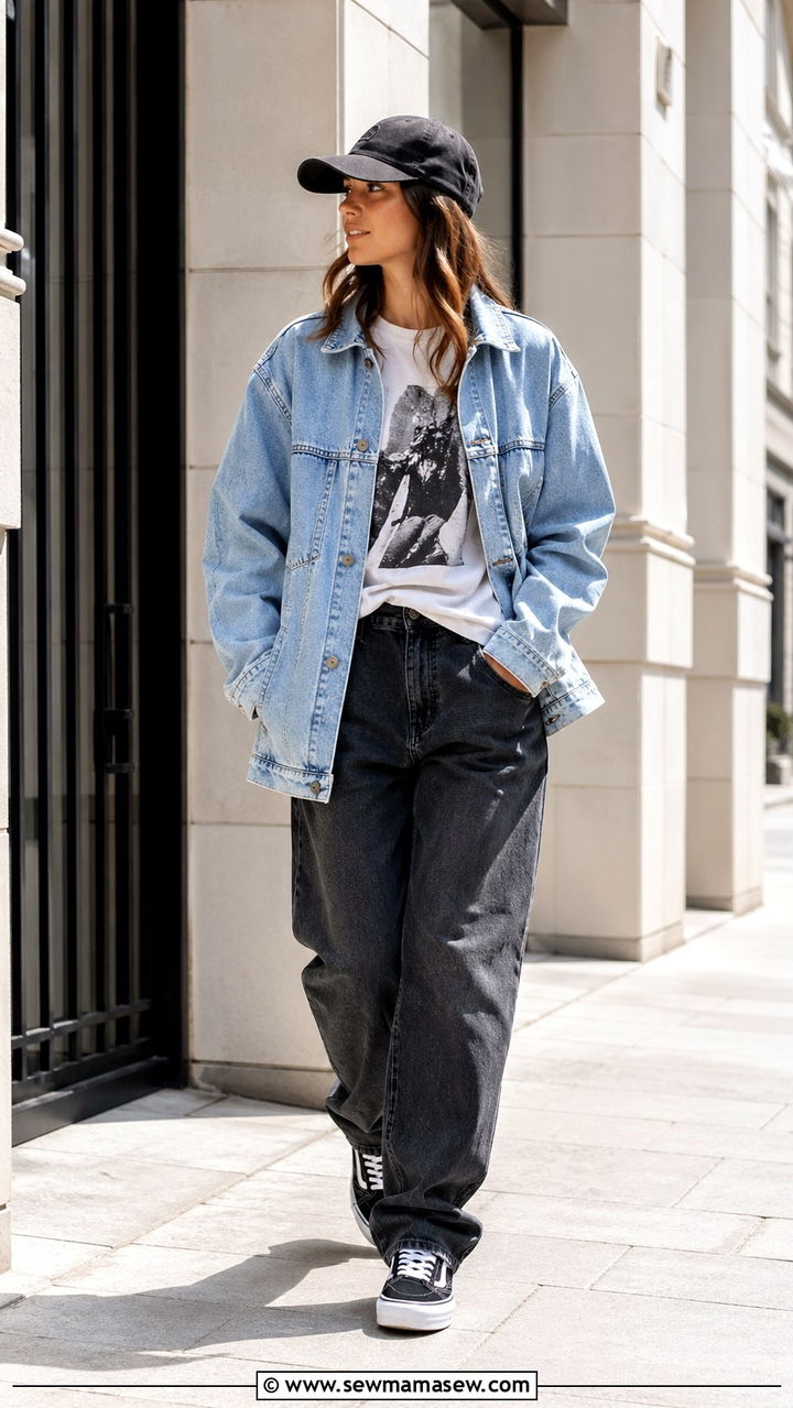 Denim Jacket and Graphic Tee with Baggy Jeans - 30 Skater outfit ideas