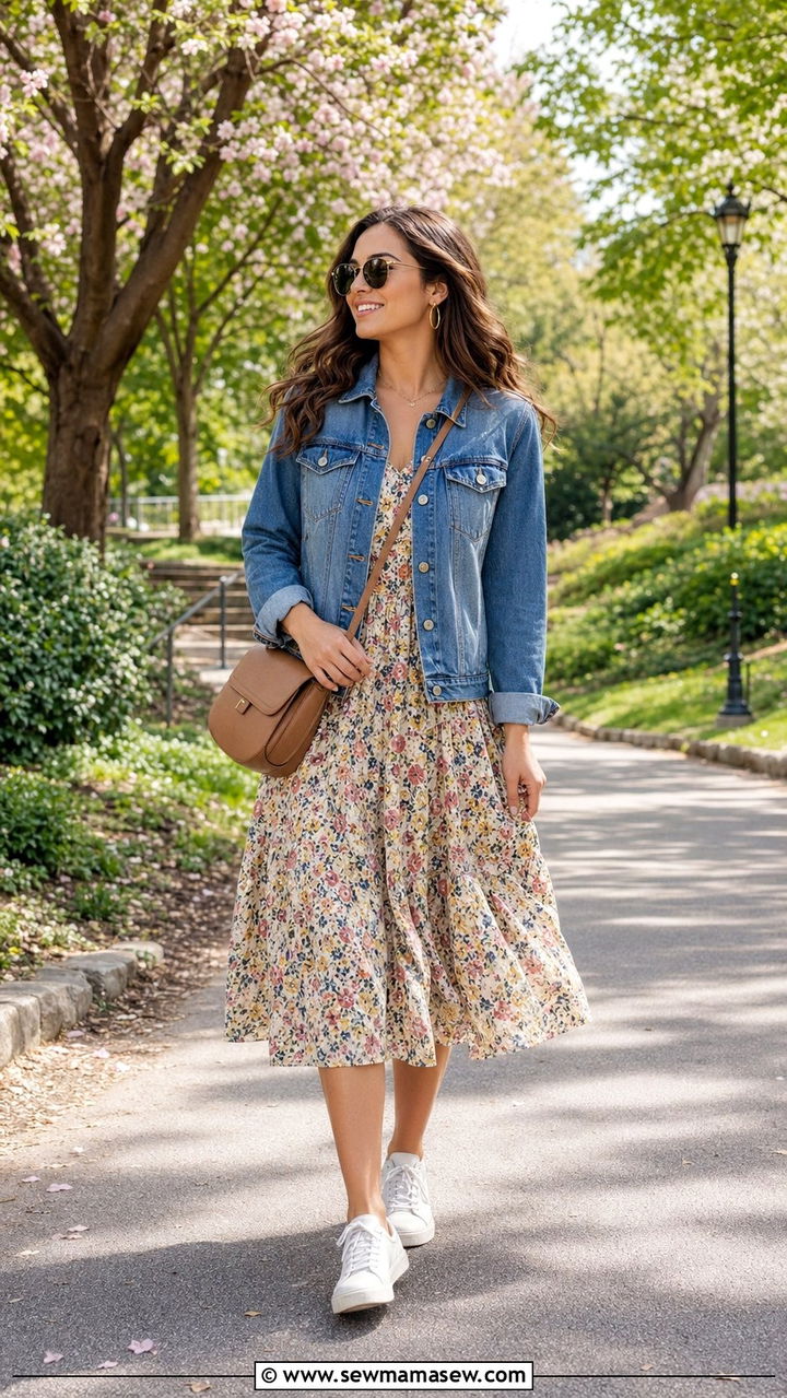 Denim Jacket and Midi Dress with Sneakers Outfit - 35 mom outfit ideas