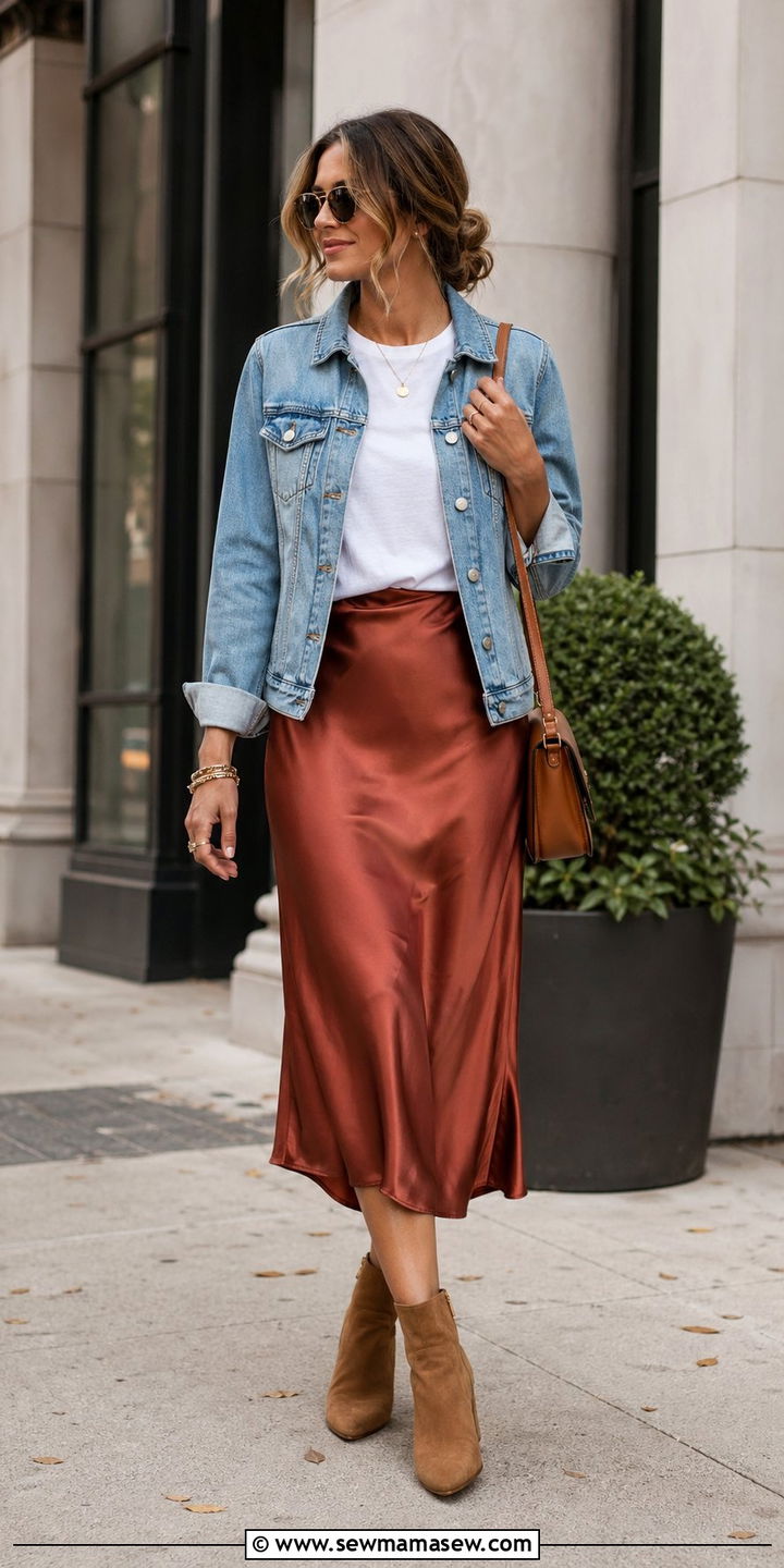 Denim Jacket and Midi Skirt - 30 40 degree weather outfits