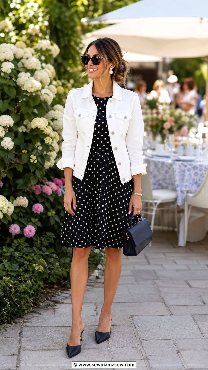 Denim Jacket and Polka Dot Dress With Mules - 35 Summer outfits with denim jacket