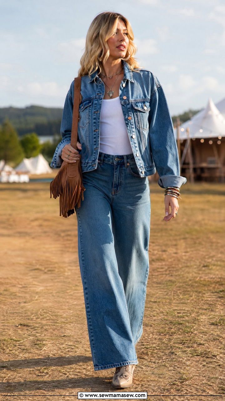 Denim Jacket and Western Boots with Wide Leg Jeans - 35 wide leg jeans outfits for women