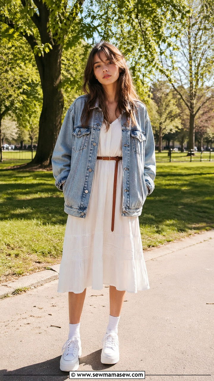 Denim Jacket and White Dress School Outfit - 30 school outfits aesthetic