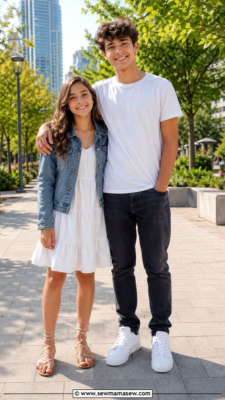 Denim Jacket and White Dress Sibling Look - 30 Sibling photoshoot outfit ideas