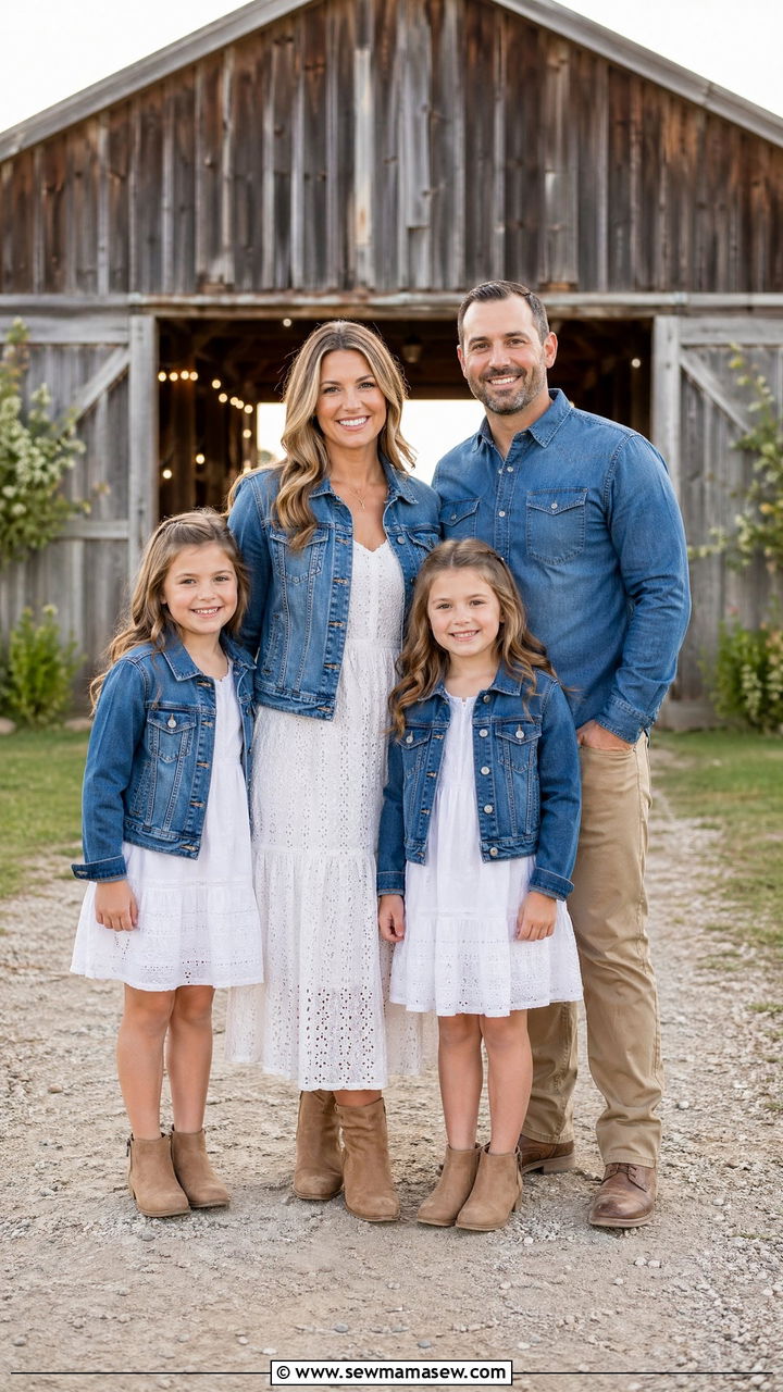 Denim Jacket and White Dress Spring Look - 35 spring family photoshoot outfit ideas