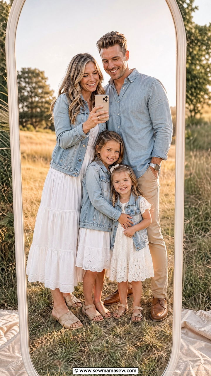 Denim Jacket and White Dress Summer Family Photo Outfits - 35 Summer family photo outfits