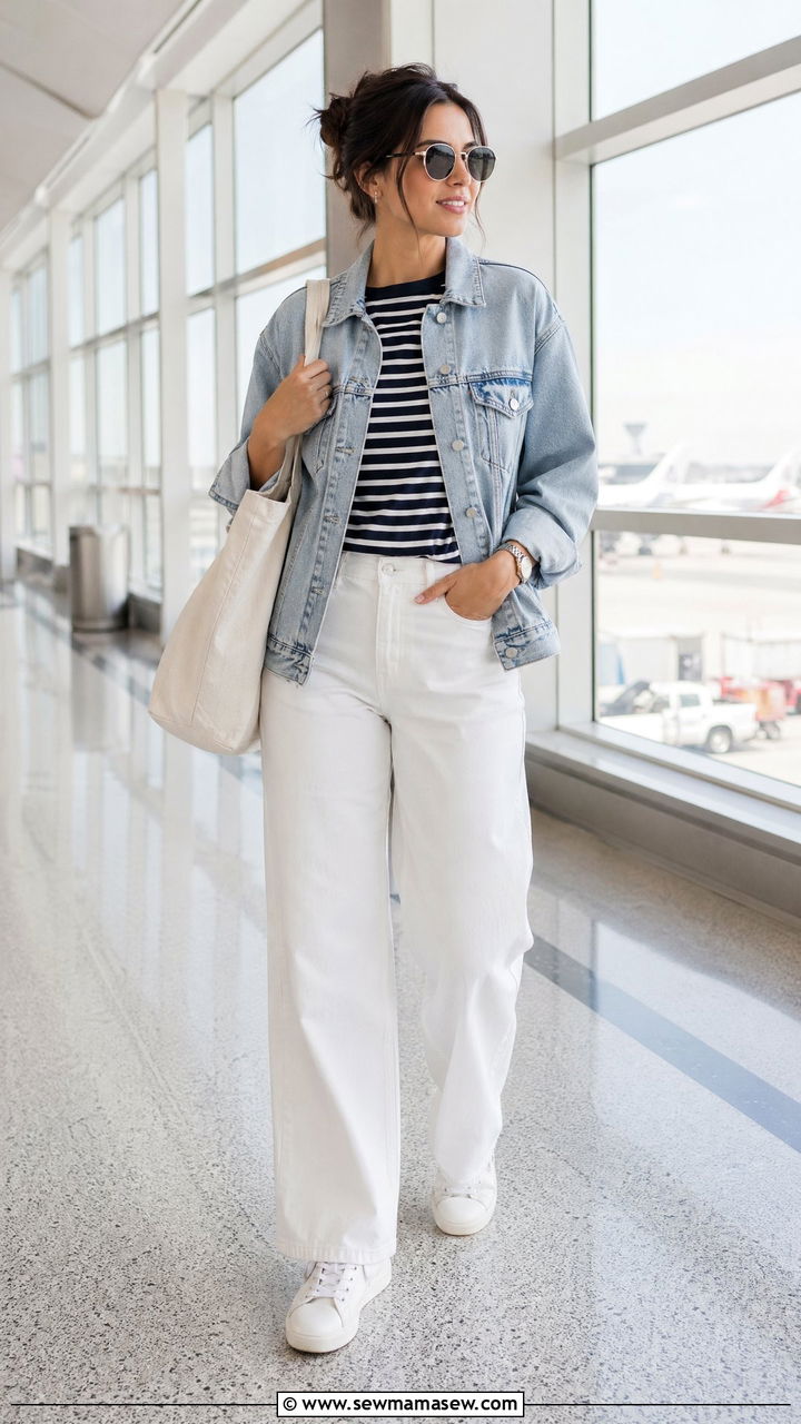 Denim Jacket and White Wide Leg Jeans - 40 Airport outfit ideas