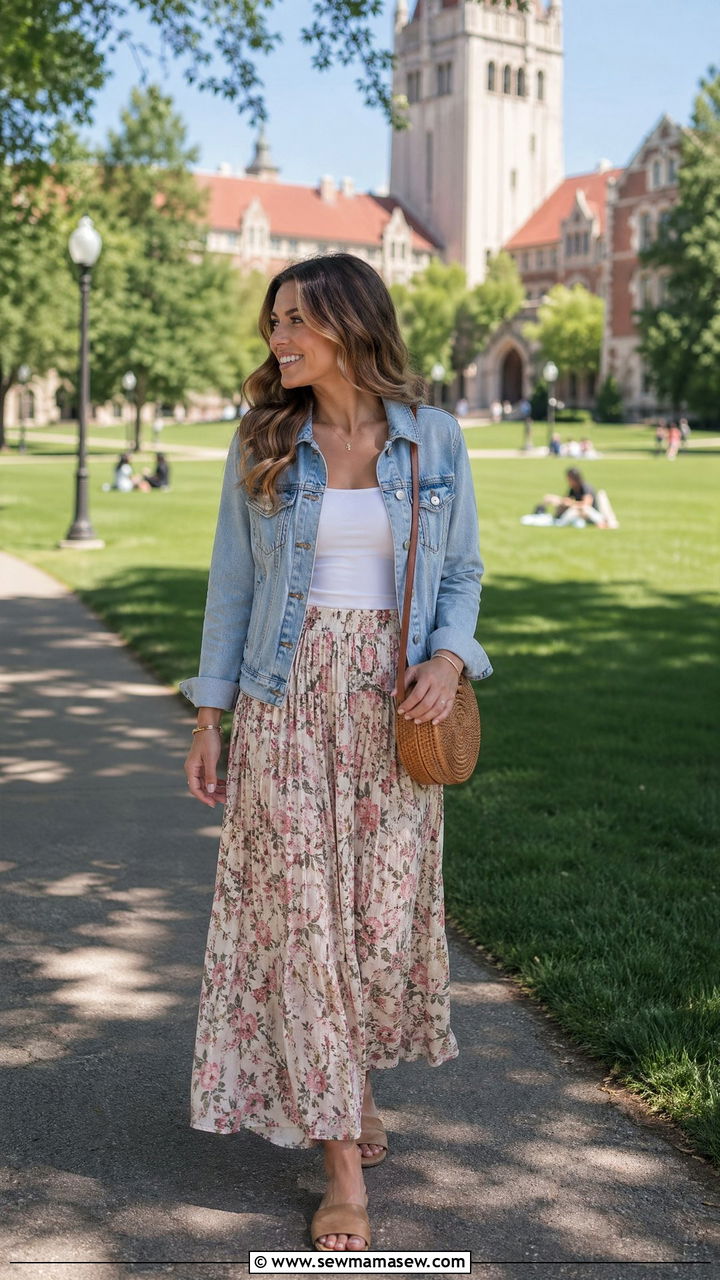 Denim Jacket and a Flowy Maxi Skirt - 35 Spring outfits for college