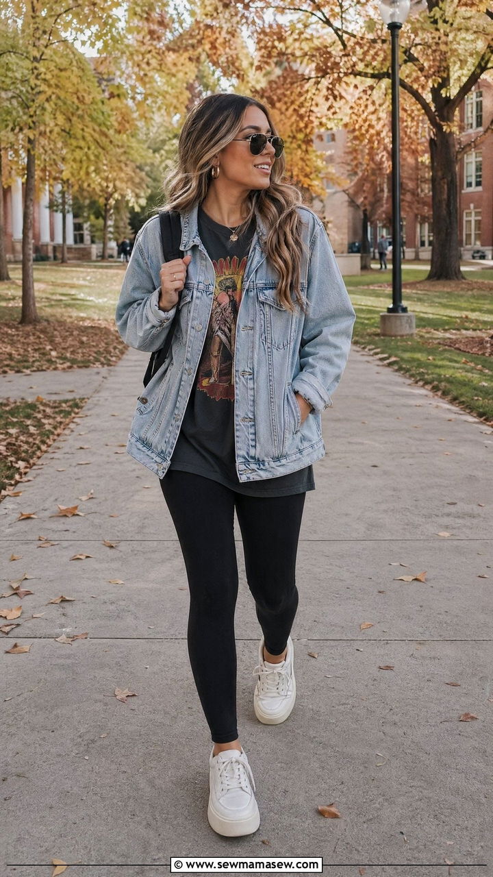 Denim Jacket over Graphic Tee with Black Leggings - 35 college outfit ideas for women