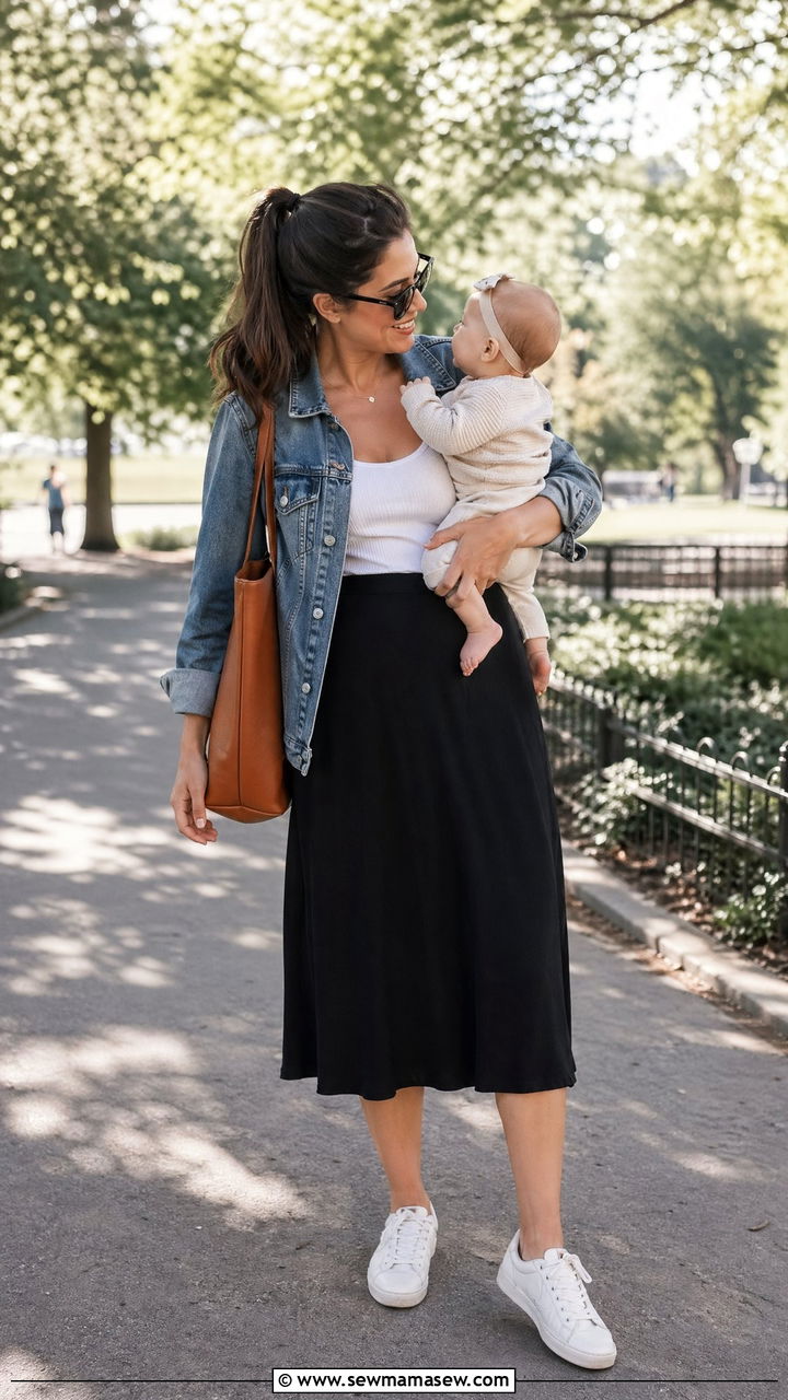 Denim Jacket over Midi Skirt and Tank Outfit - 35 casual outfits for new moms