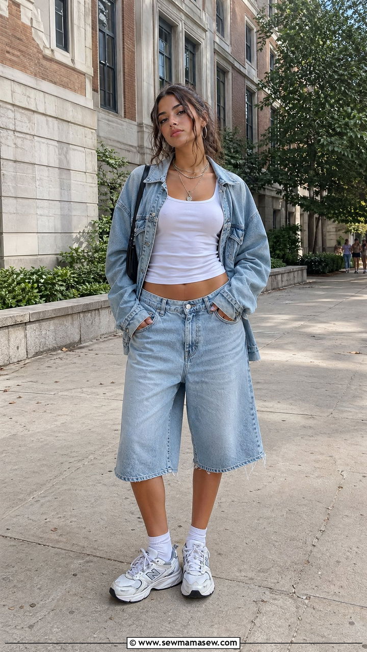 Denim Jacket over Tank with Baggy Jorts and Sneakers - 35 Summer outfits for college students