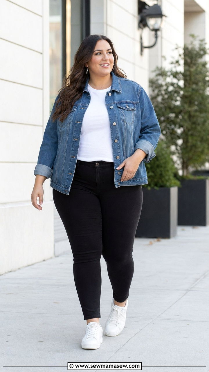Denim Jacket over White Tee with Black Jeans Outfit - 30 Best tops for plus size