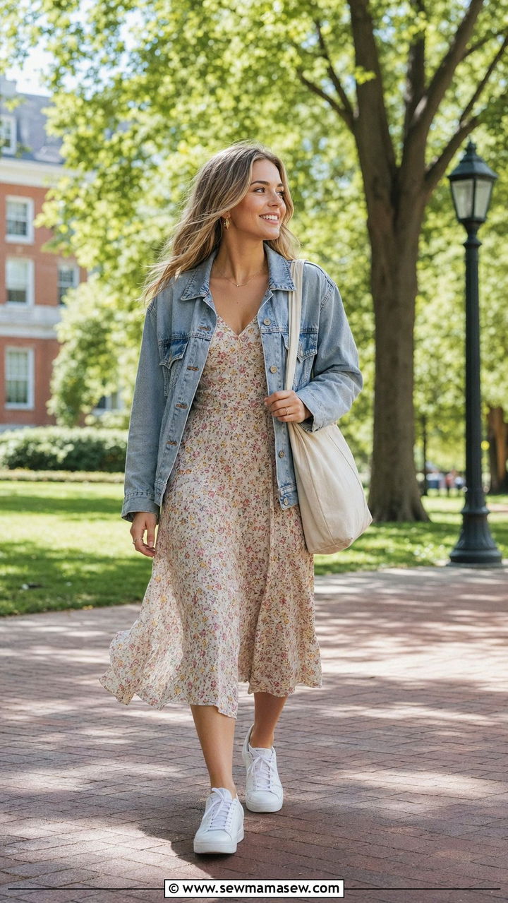 Denim Jacket over a Floral Midi Dress - 30 Back to school outfit ideas college sophomore