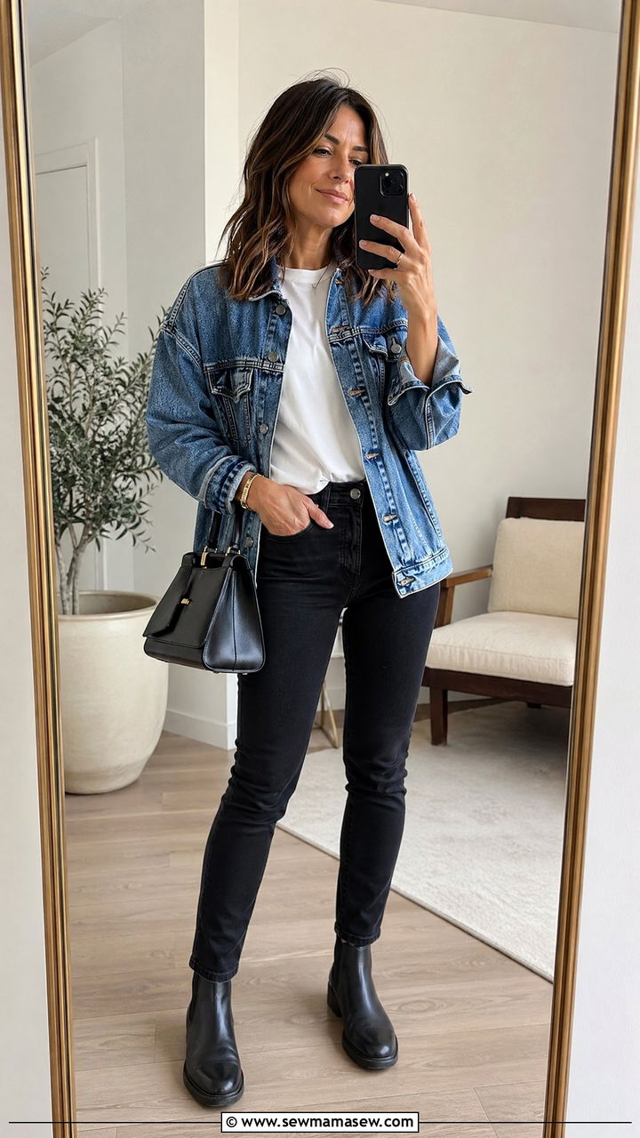 Denim Jacket with Black Jeans and Chelsea Boots - 35 classy outfits for women over 30