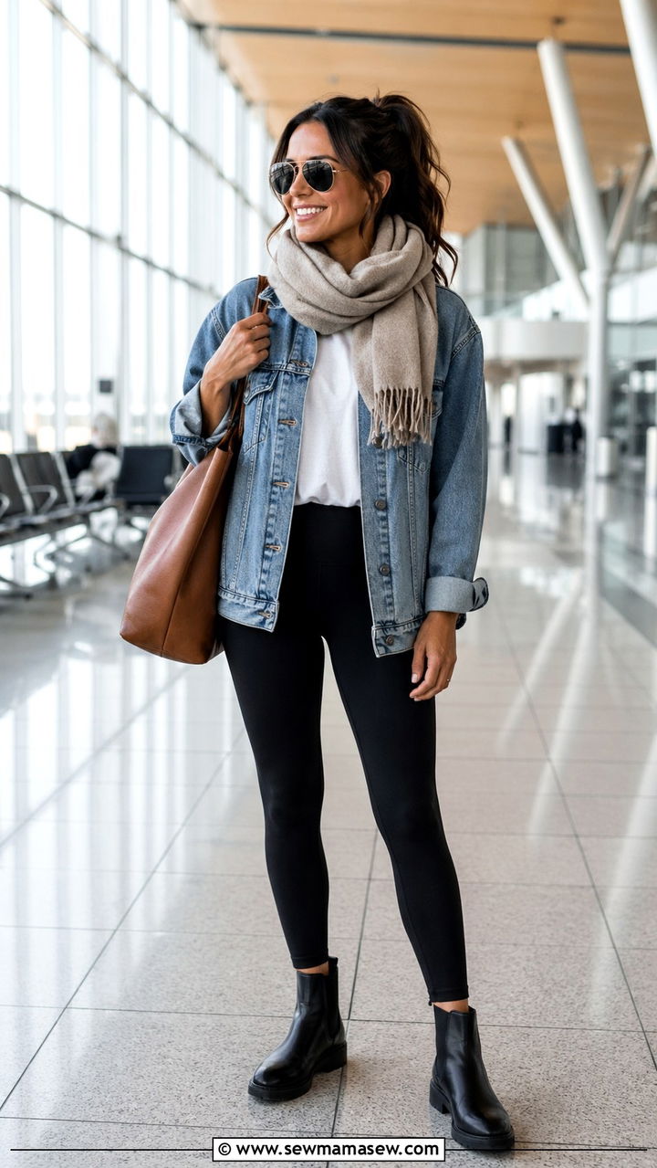 Denim Jacket with Black Leggings and Ankle Boots - 30 Sporty chic outfit ideas for travel