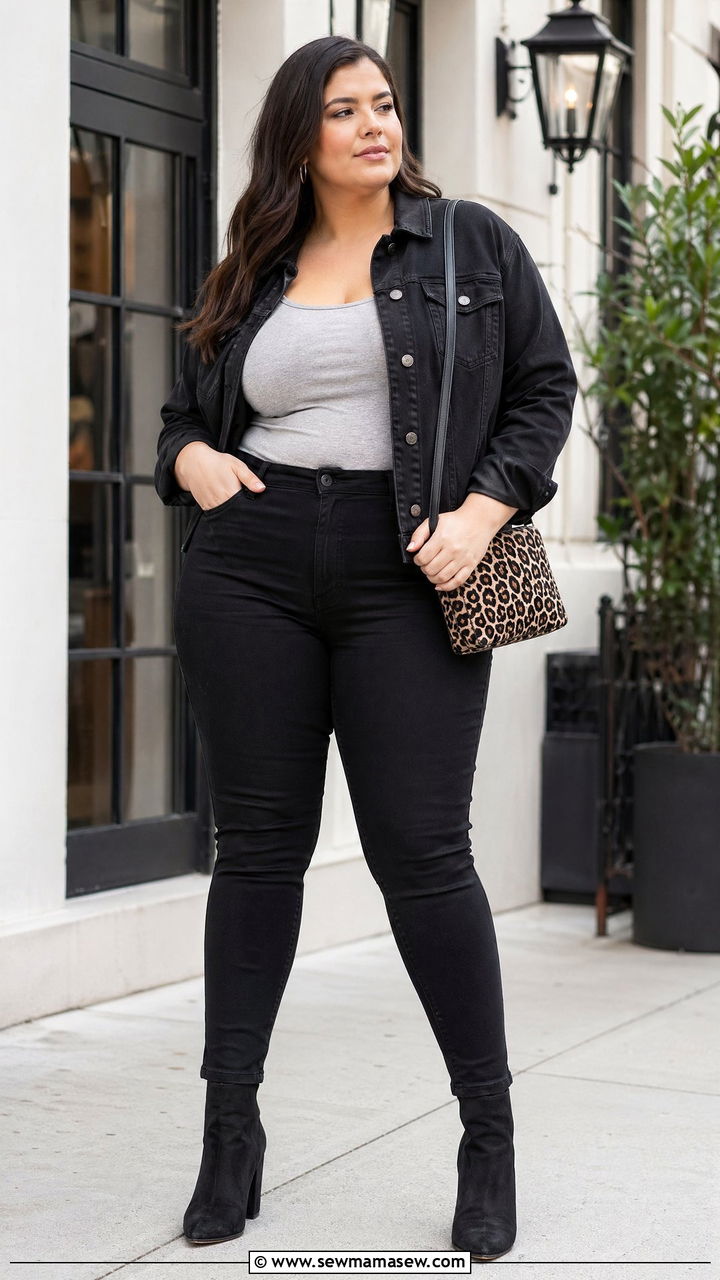 Denim Jacket with Black Skinny Jeans and Ankle Boots - 35 casual outfits for curvy women