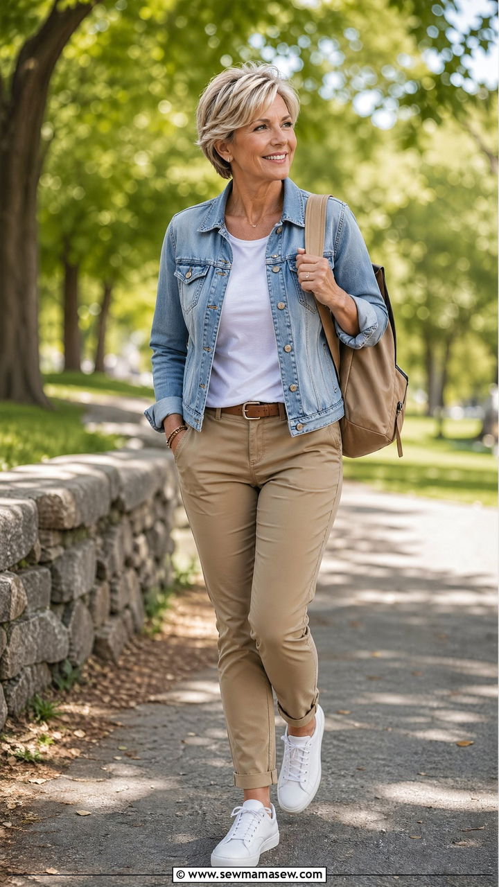 Denim Jacket with Chino Trousers and Sneakers - 35 Spring outfits for women over 50
