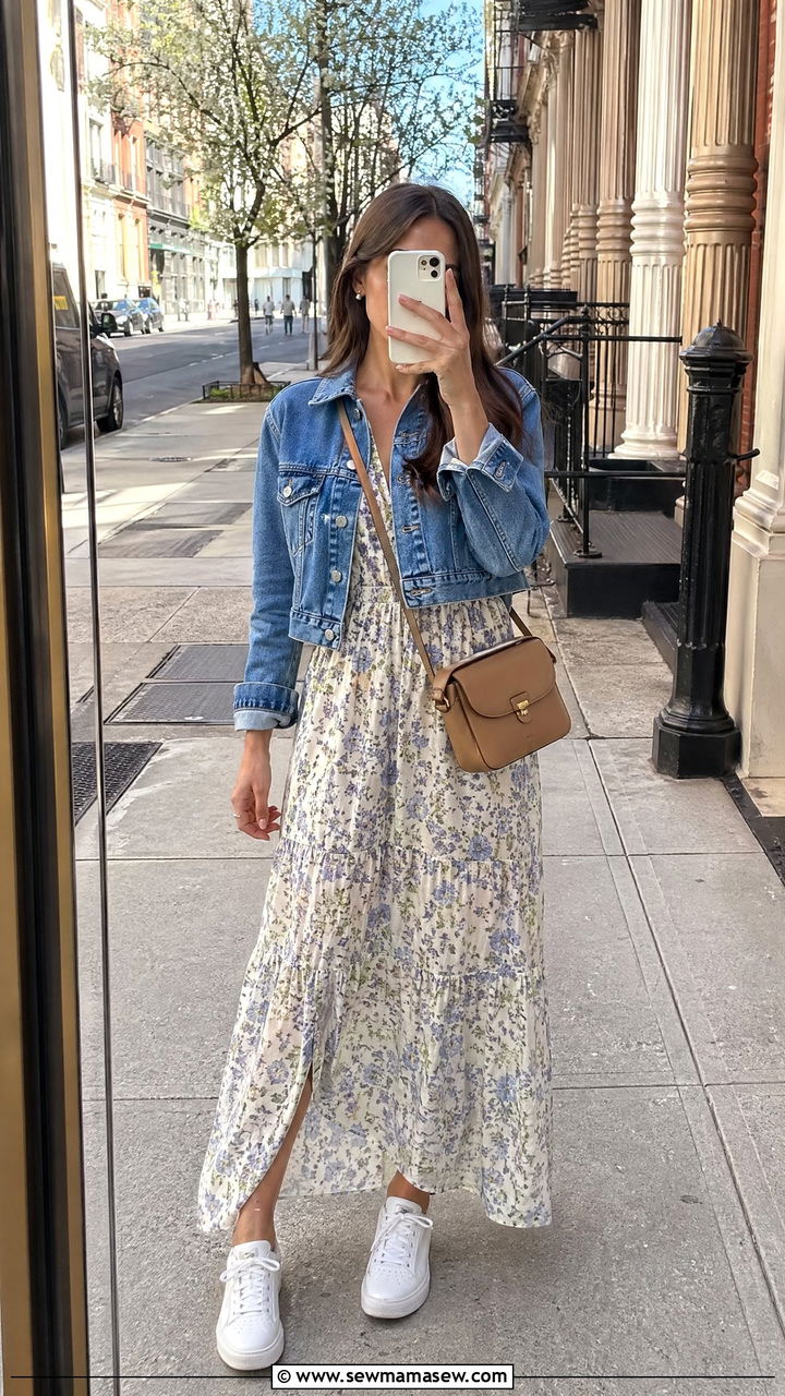 Denim Jacket with Floral Maxi Dress and Sneakers - 35 spring vacation chic outfit ideas