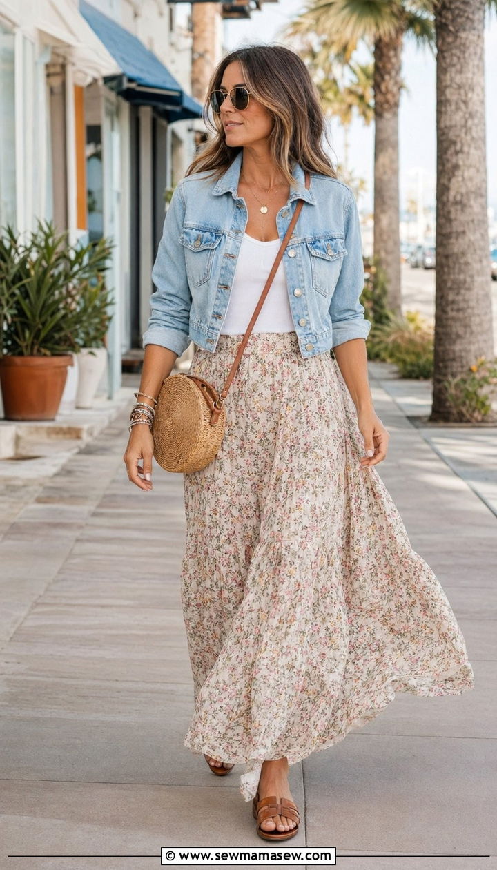 Denim Jacket with Floral Maxi Skirt - 35 Petite outfits for women over 40