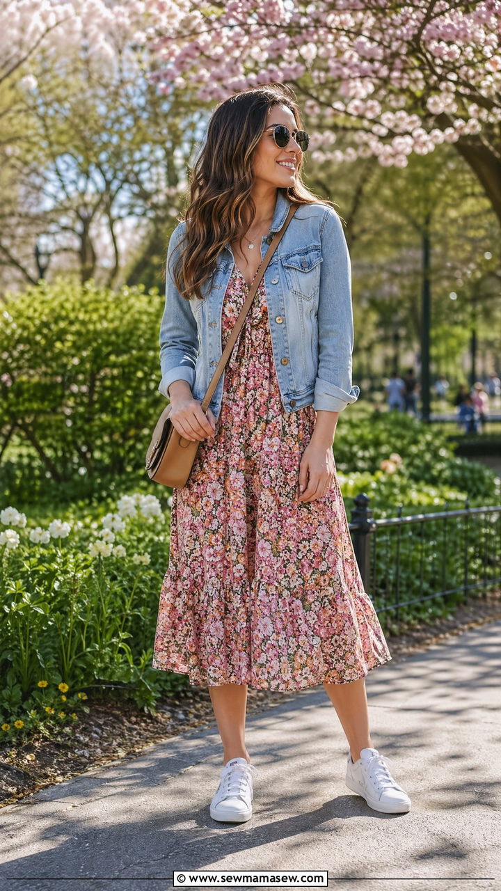 Denim Jacket with Floral Midi Dress - 35 classy cute outfits