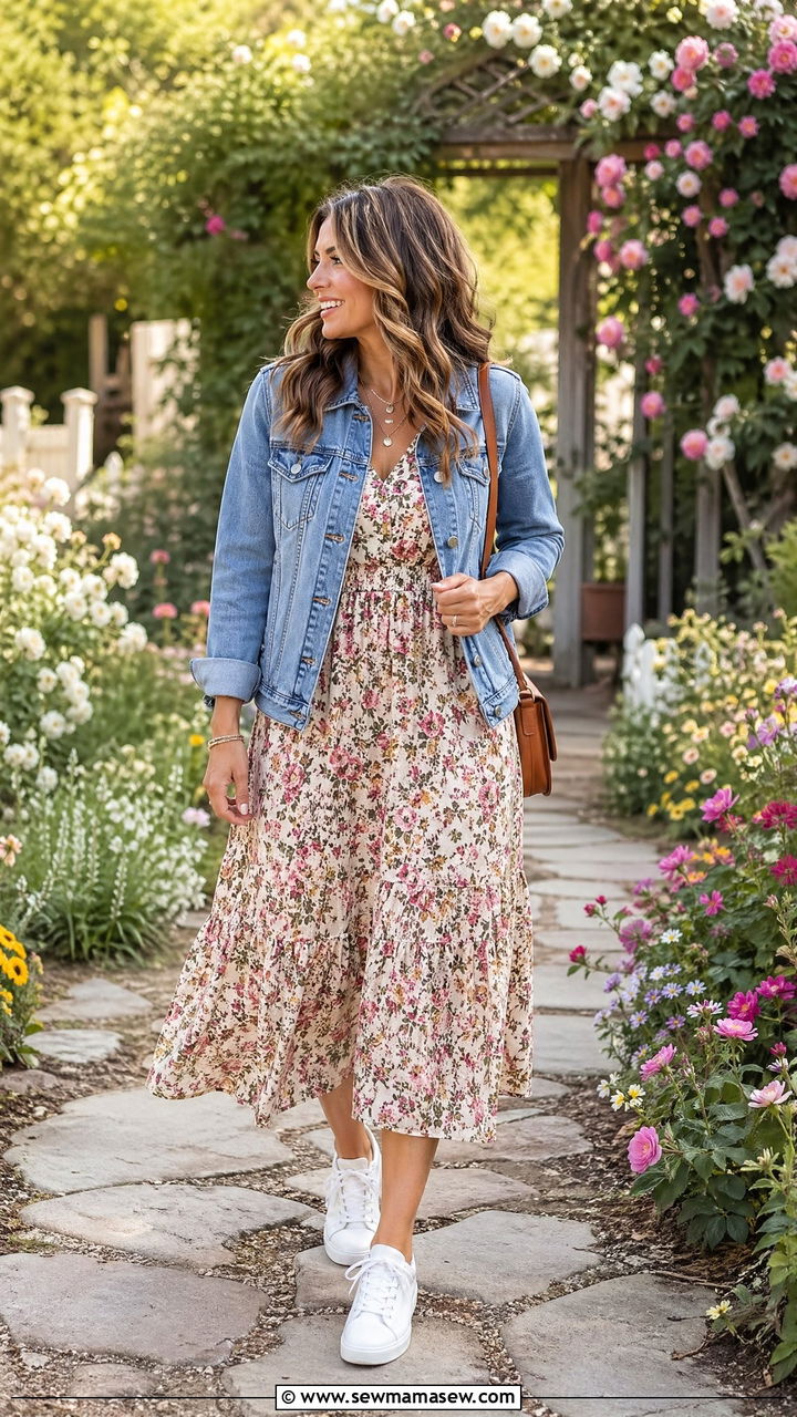 Denim Jacket with Floral Midi Dress - 35 Spring outfit ideas for mom