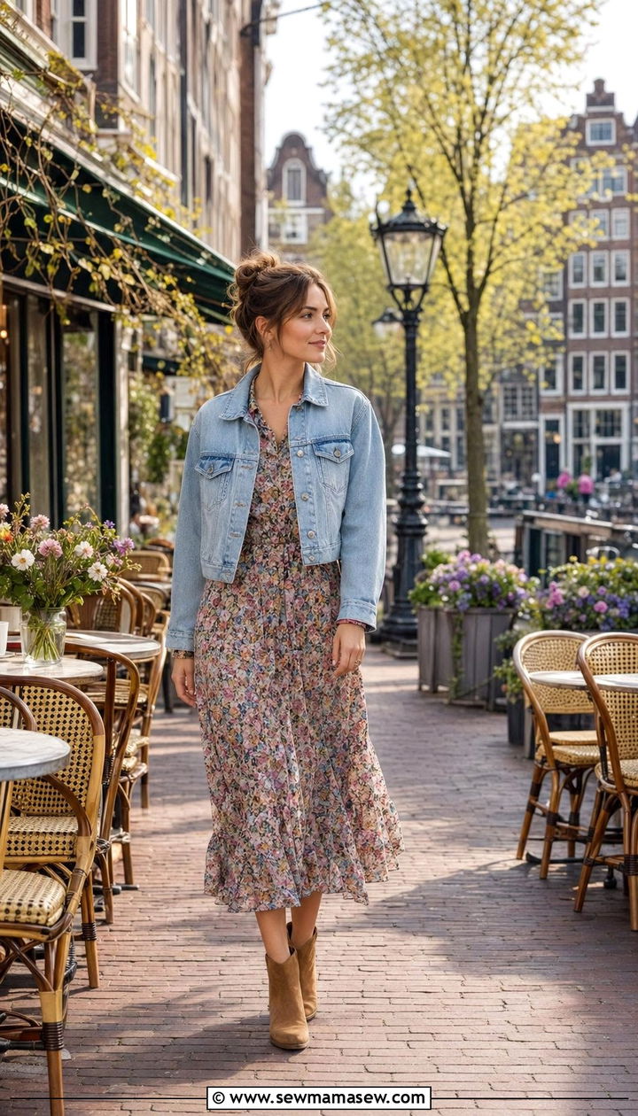 Denim Jacket with Floral Midi Dress Amsterdam - 30 Amsterdam outfit ideas