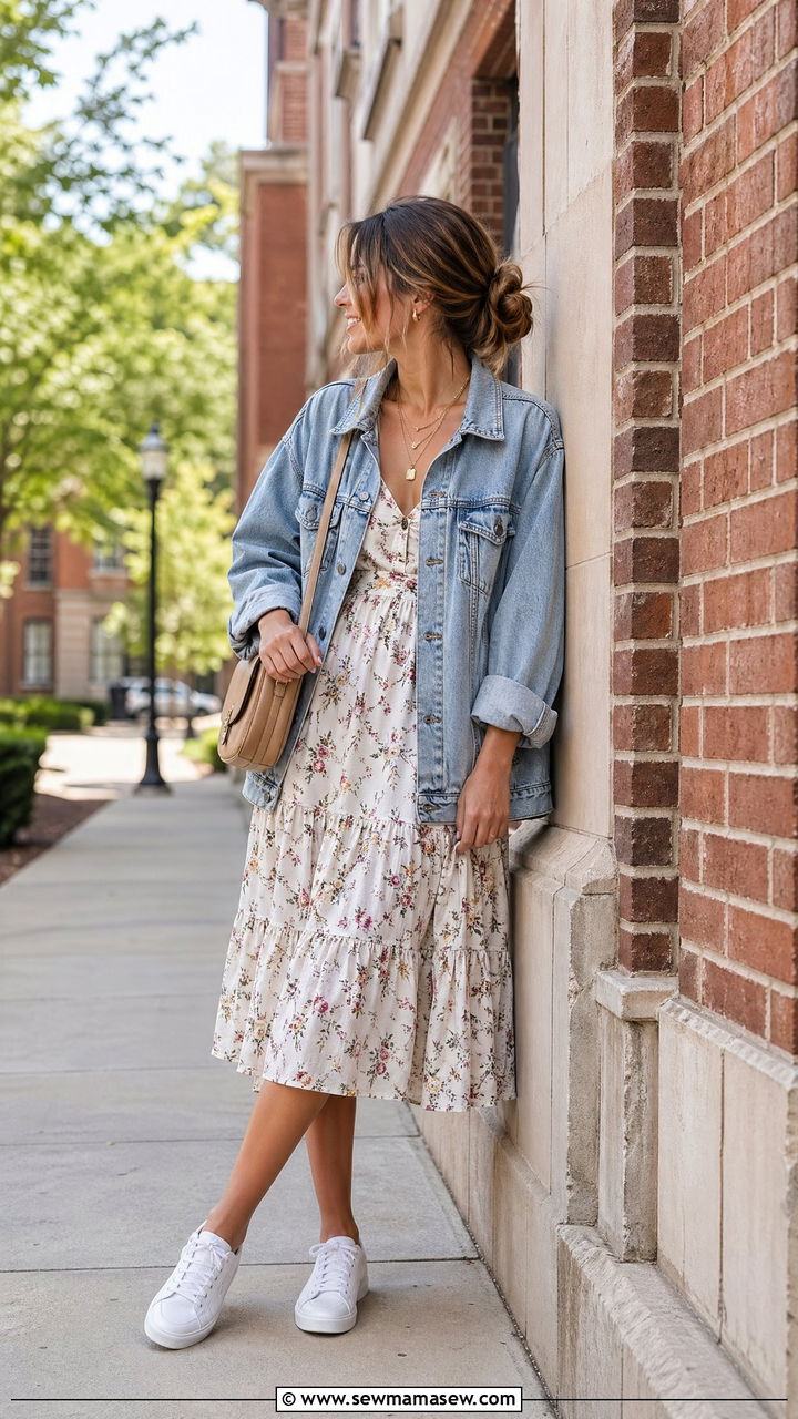 Denim Jacket with Floral Midi Dress Outfit - 35 Summer outfits for college girls