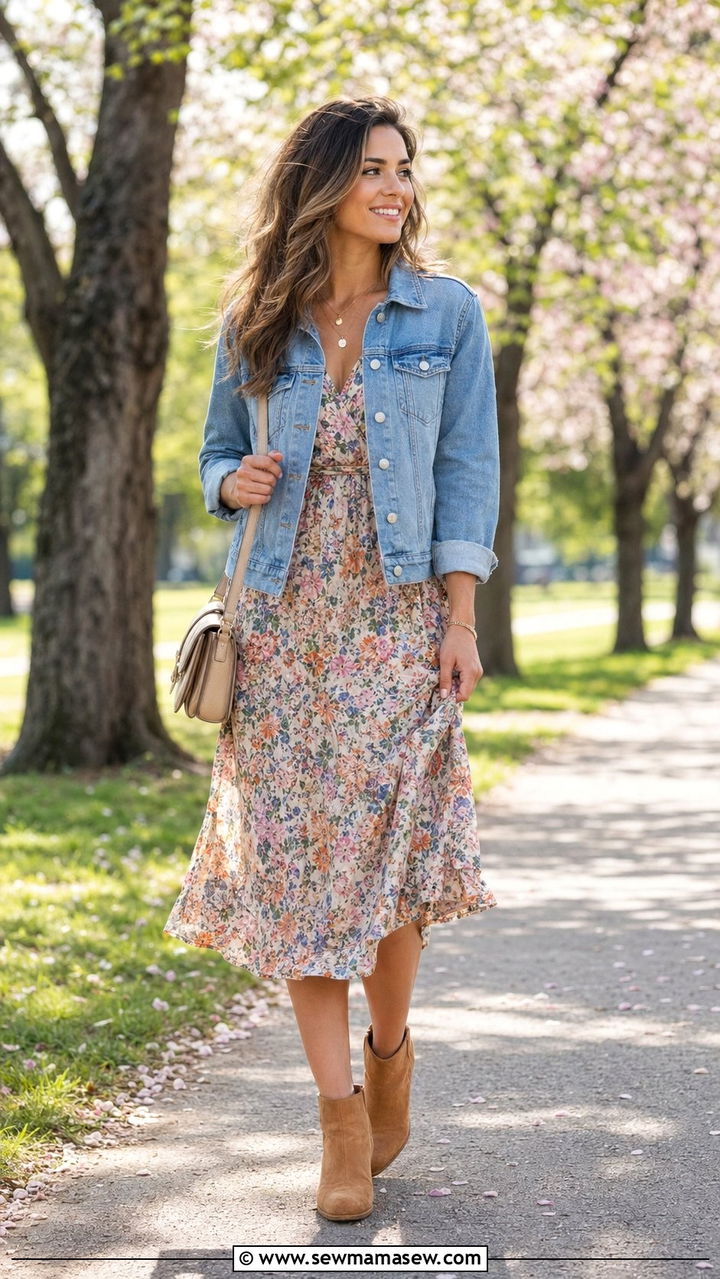 Denim Jacket with Floral Midi Dress and Ankle Boots - 30 windy day outfits for women