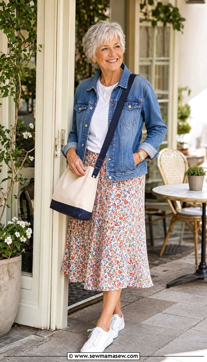 Denim Jacket with Floral Midi Skirt and White Sneakers - 35 Outfit ideas for women over 70 2026