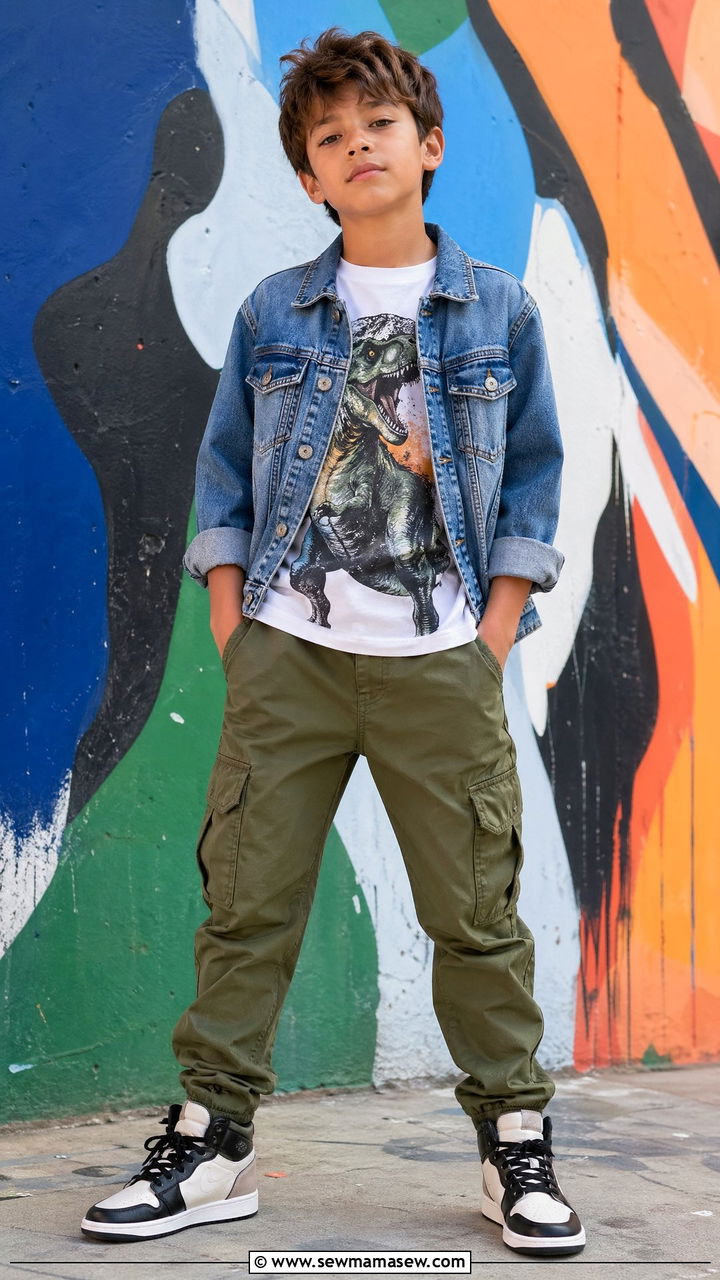 Denim Jacket with Graphic Tee and Cargo Pants Outfit - 35 Spring outfits for kids