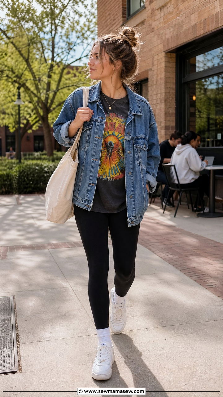 Denim Jacket with Graphic Tee and Leggings - 35 college outfits for women