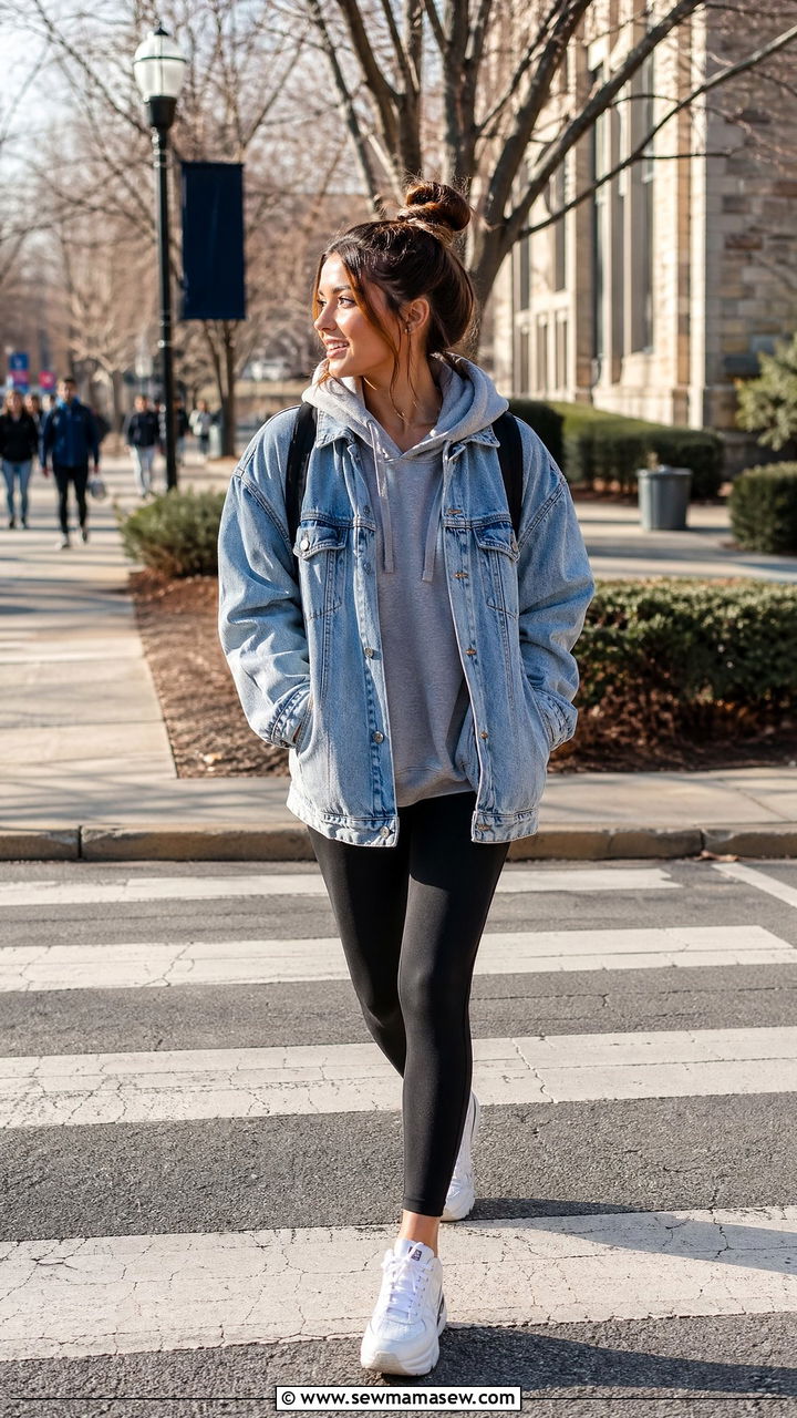 Denim Jacket with Hoodie and Black Leggings - 35 college outfits ideas