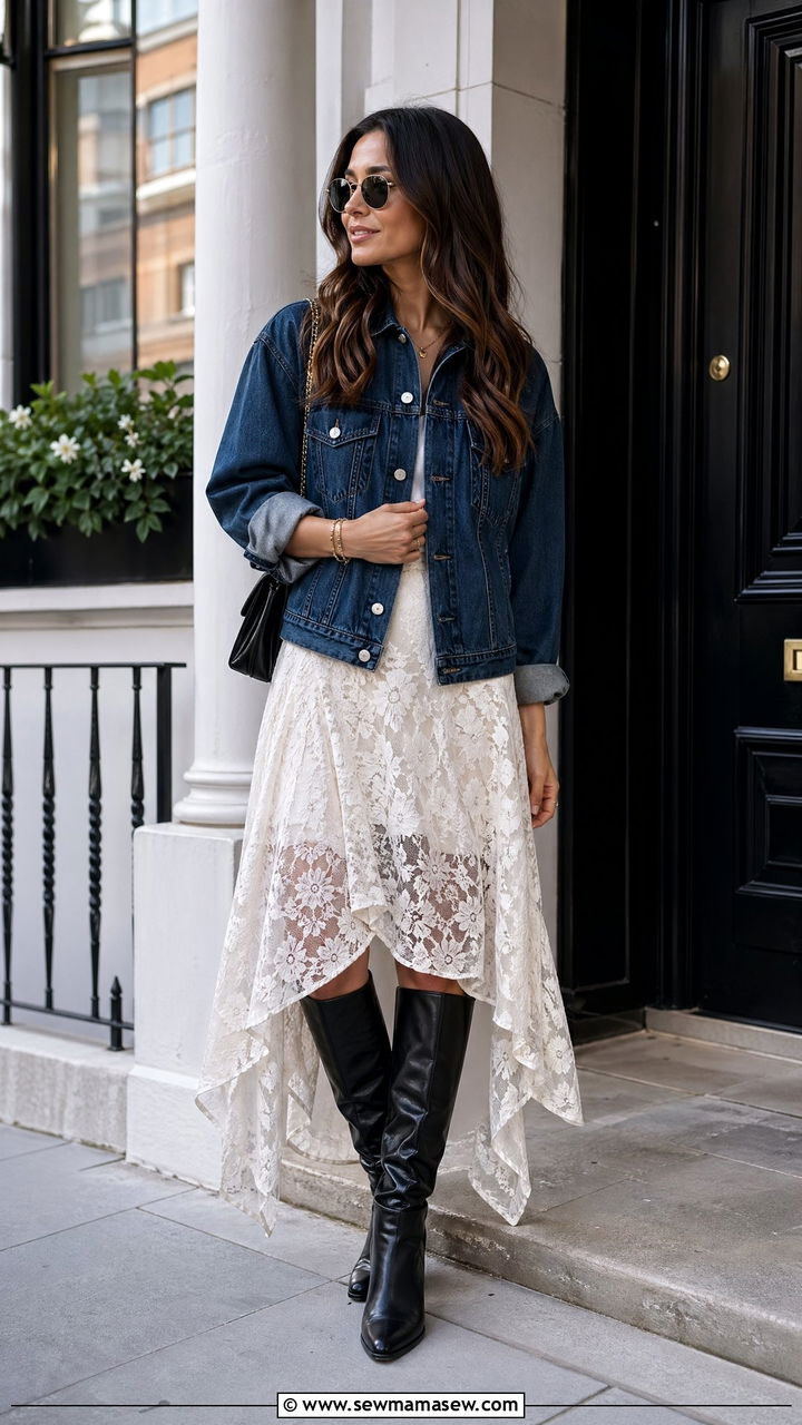 Denim Jacket with Lace Skirt and Knee High Boots Outfit - 35 transitional chic outfit ideas