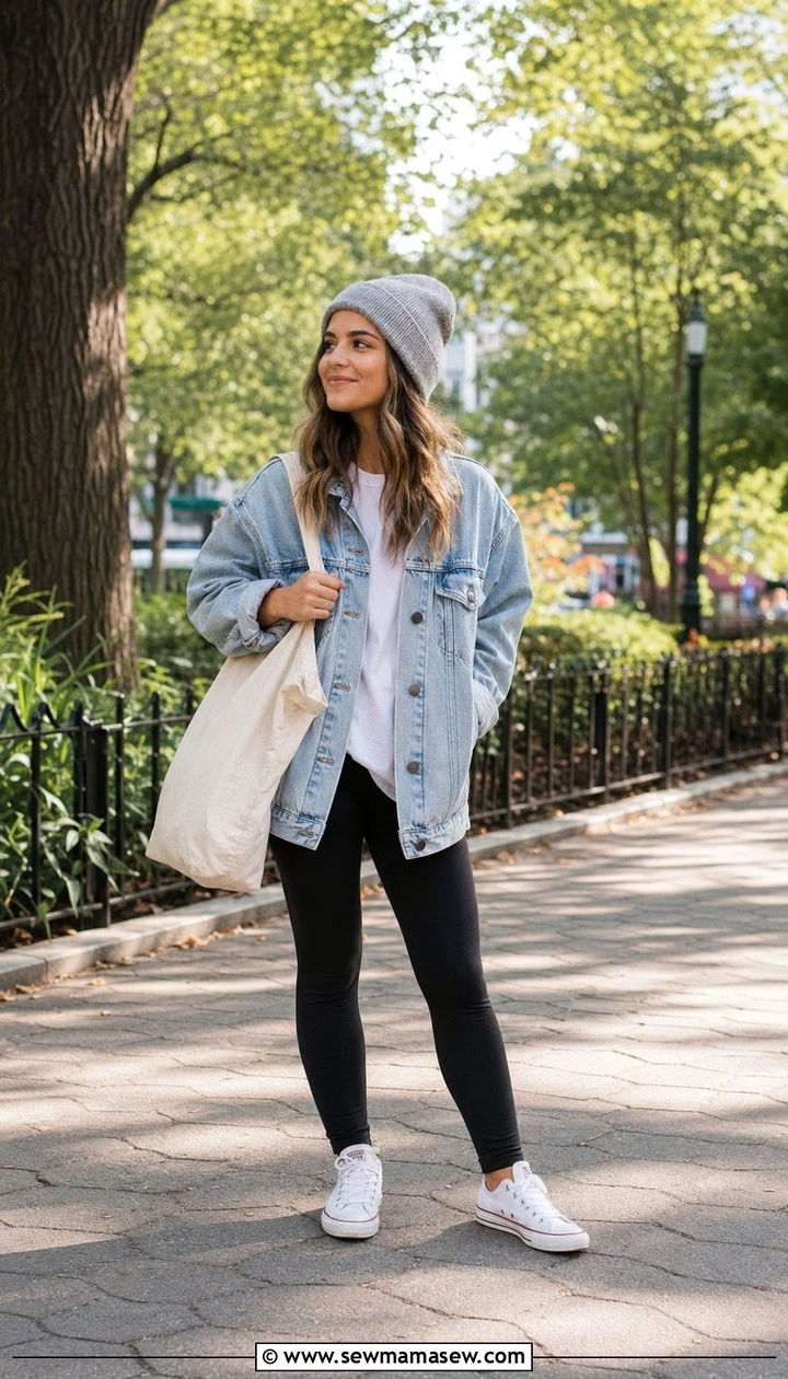 Denim Jacket with Leggings and Sneakers - 35 Outfit ideas for short women