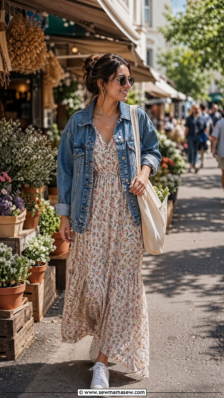 Denim Jacket with Maxi Dress - 35 cute outfit ideas for women