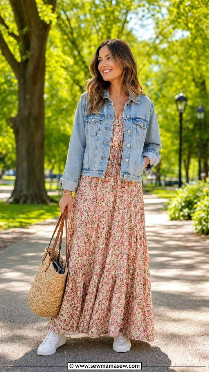 Denim Jacket with Maxi Dress and White Sneakers - 30 60 degree weather outfits