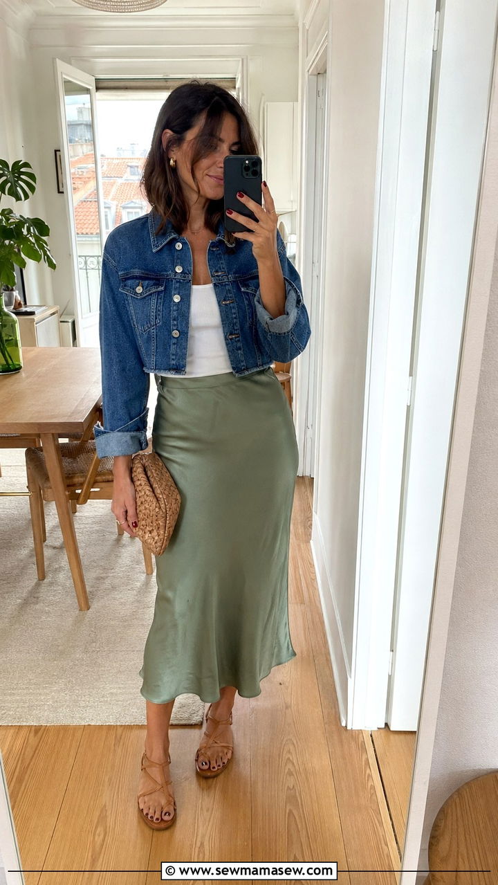Denim Jacket with Midi Skirt and Strappy Sandals - 30 spring europe travel outfit ideas
