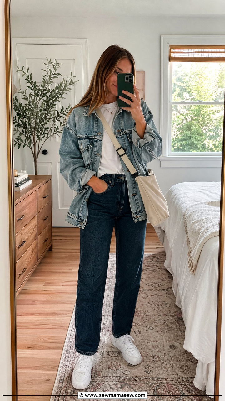 Denim Jacket with Straight Leg Jeans and White Sneakers - 35 casual straight leg jeans outfits
