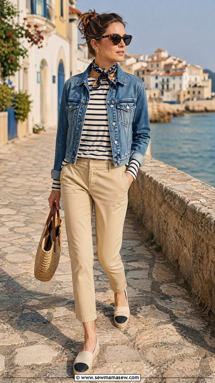 Denim Jacket with Striped Tee and Beige Chinos Outfit - 35 Spring denim outfits