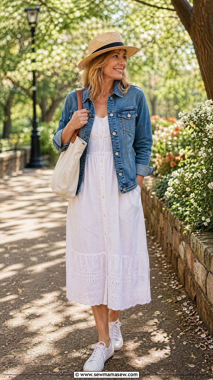 Denim Jacket with Sundress Travel Outfit - 35 Travel outfits for women over 40