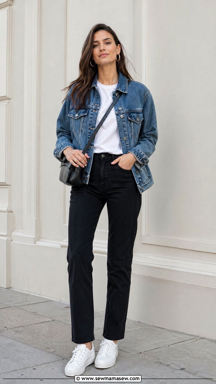 Denim Jacket with White Tee and Black Jeans Outfit - 35 Spring denim outfits